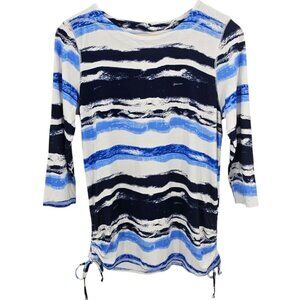 FDJ Womens XS‎ 3/4 Sleeve Ruched Sides Watercolor Stripe Top NWT